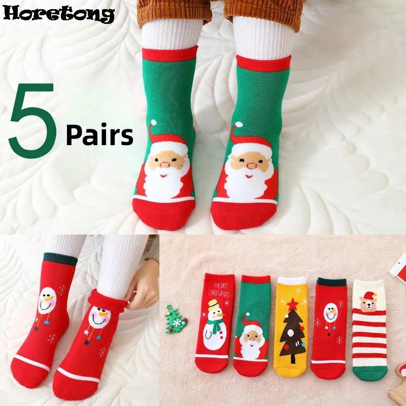 5 Pairs/Lot Kids Christmas Socks Winter Children Warm Thicken Cotton Socks New Year Boys Girls Cute Cartoon Santa Claus Socks