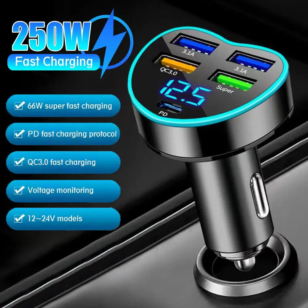 250W Car Charger PD QC 3.0 3.1A USB With 5 Ports Digital Display Car Fast Charging Type C For Iphone Phone Charge V6V4