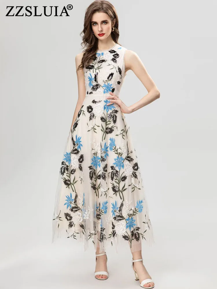 

ZZSLUIA Vintage Long Dresses For Women Heavy Embroidery Patchwork Designer Slim Mesh Dresses Sleeveless Elegant Prom Dresses