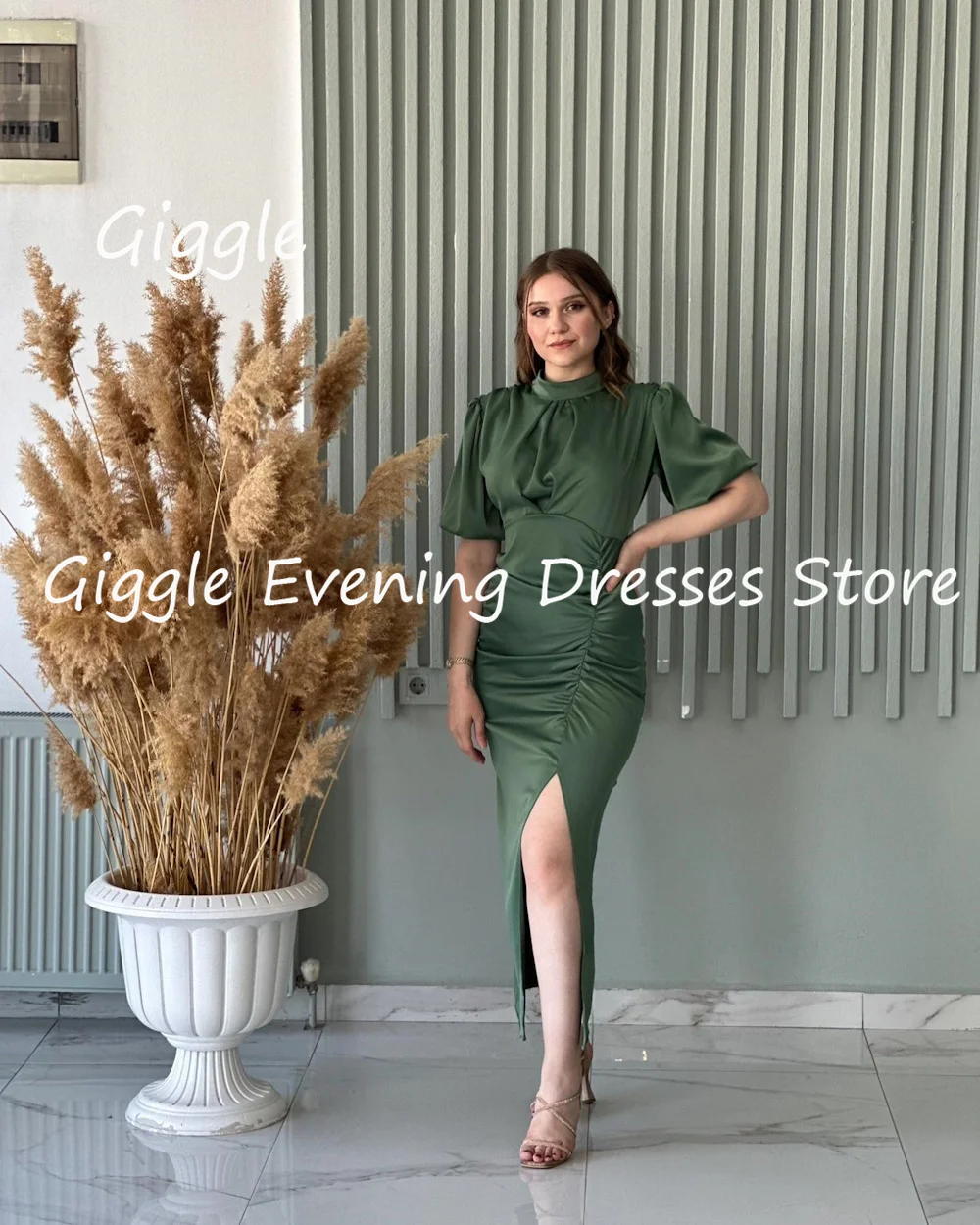 Giggle Satin Mermaid Scoop Neckline Ruffle Popular Arab Elegant Prom Gown Saudi Tea Length Evening Party Dresses for Women 2023