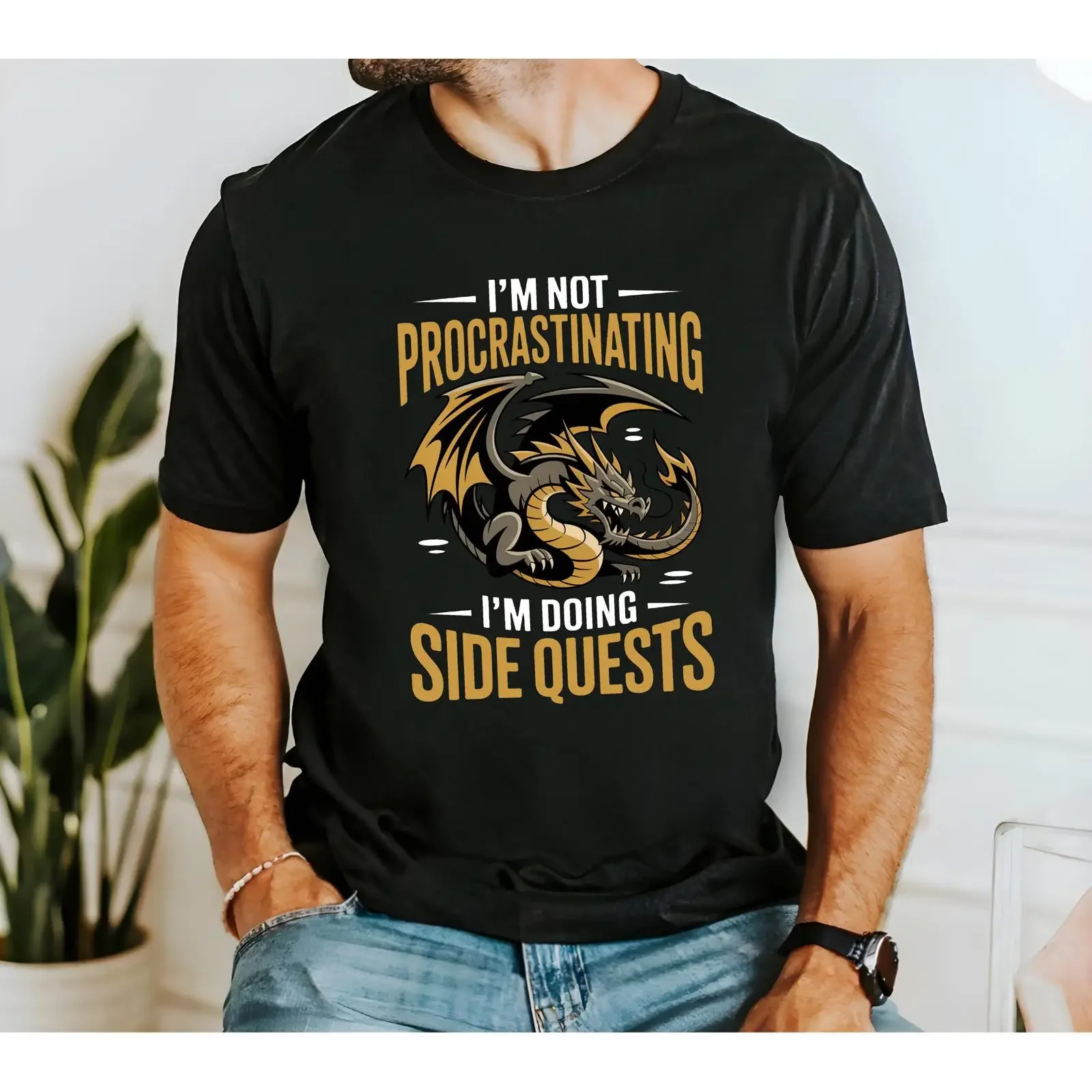 Dragon RPG T Shirt Funny Side Quests Gamer  vintage Washed Stylish Stretched Soft Comfortable streetwear Top For Everyday Wear