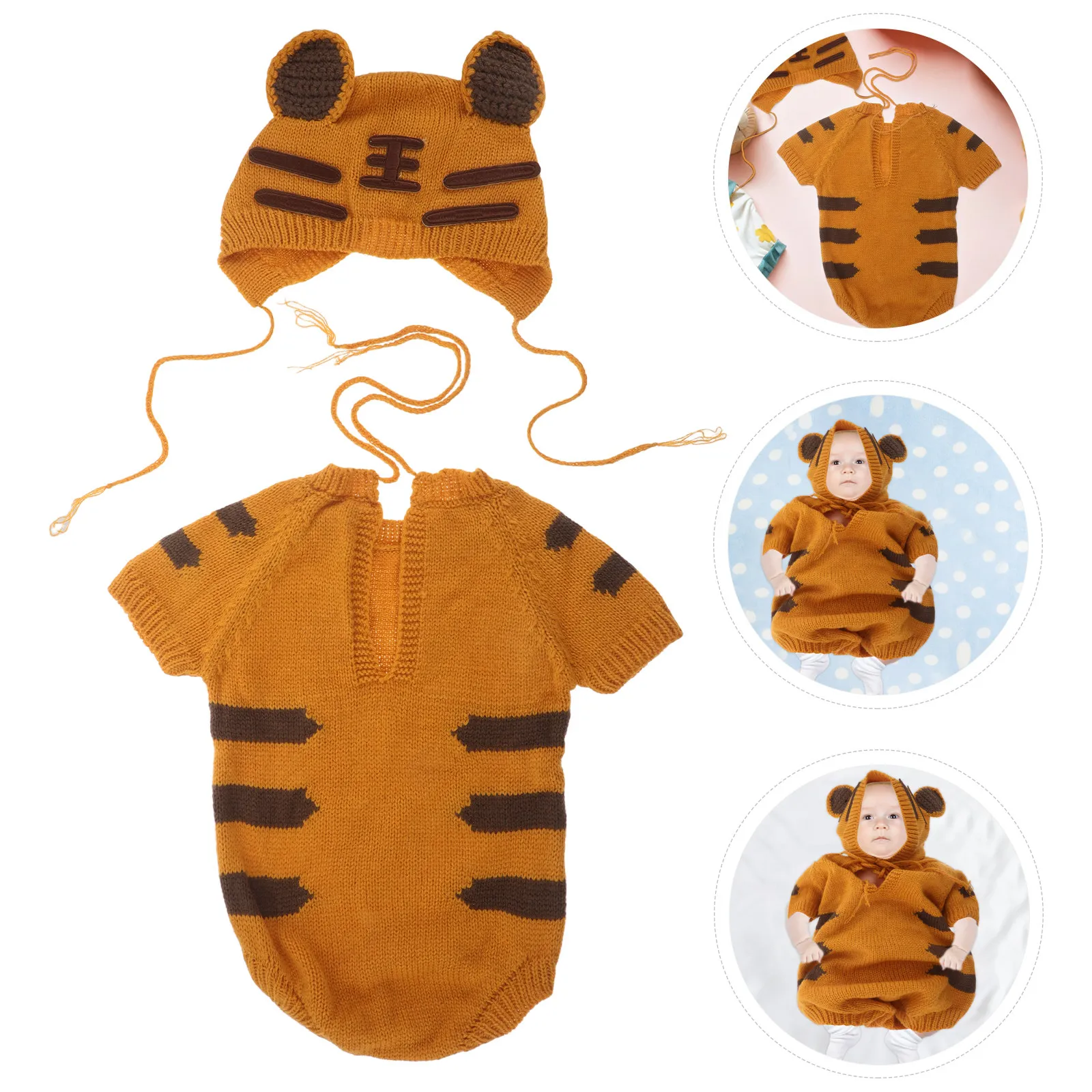 

1 Set Newborn Tiger Romper Hat 1-6 Months Baby Boy Girl Photoshoot Outfit Animal Theme Pictorial Clothing Infant Jumpsuit For