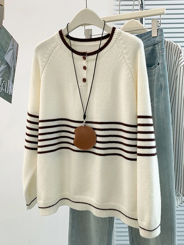 Korean Design Sense Color Block Striped Splice Anti-Aging All-Match Half-Unbuttoned Sweater Coat Autumn Winter New Arrival