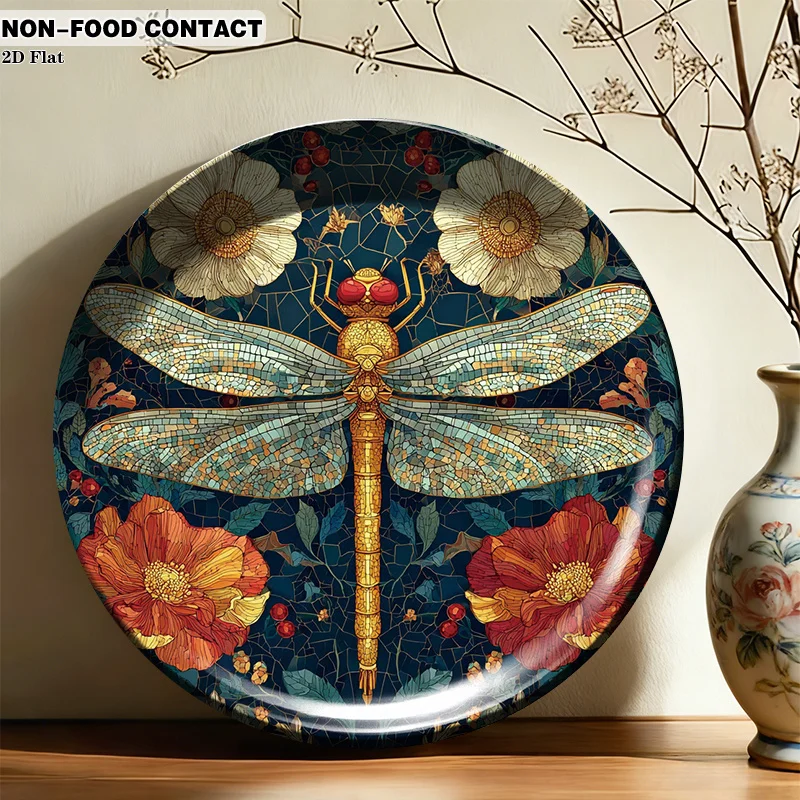 1pc Ceramic Decorative Plate, Mosaic Dragonfly Floral Scene Art Decorations, (For Decorative Purposes Solely, NON-FOOD CONTACT)