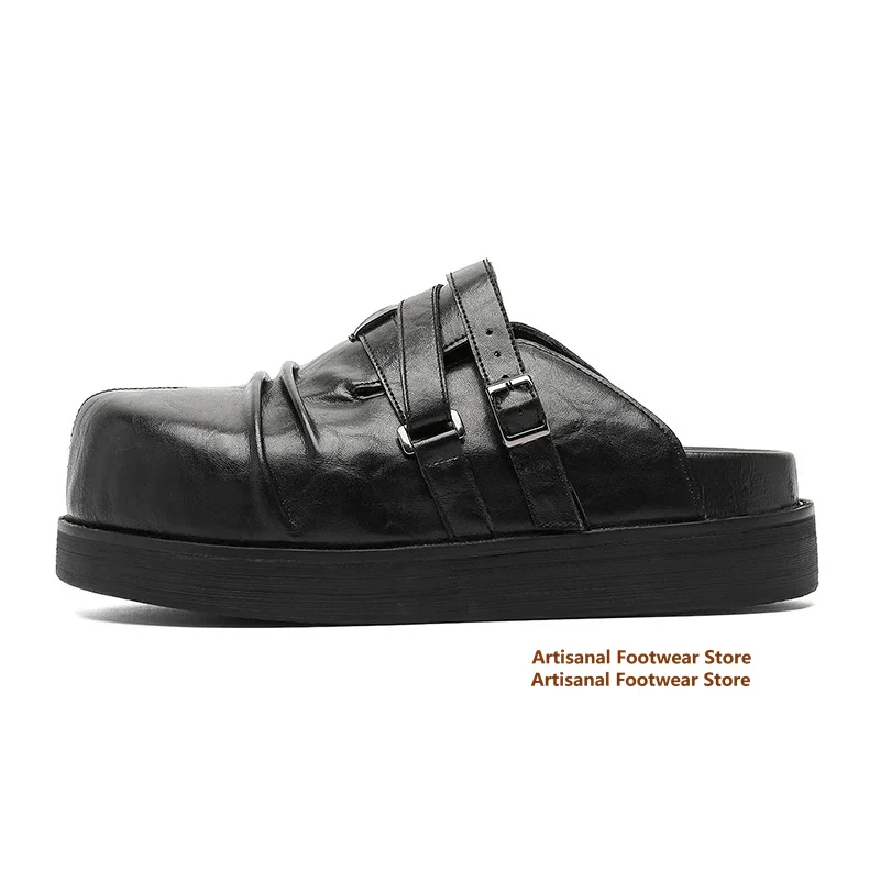 Black Crinkled Leather Platform Mules Slippers Buckle Strap Slip On Thick Sole Backless Casual Slides Shoes Trendy Men's Shoes