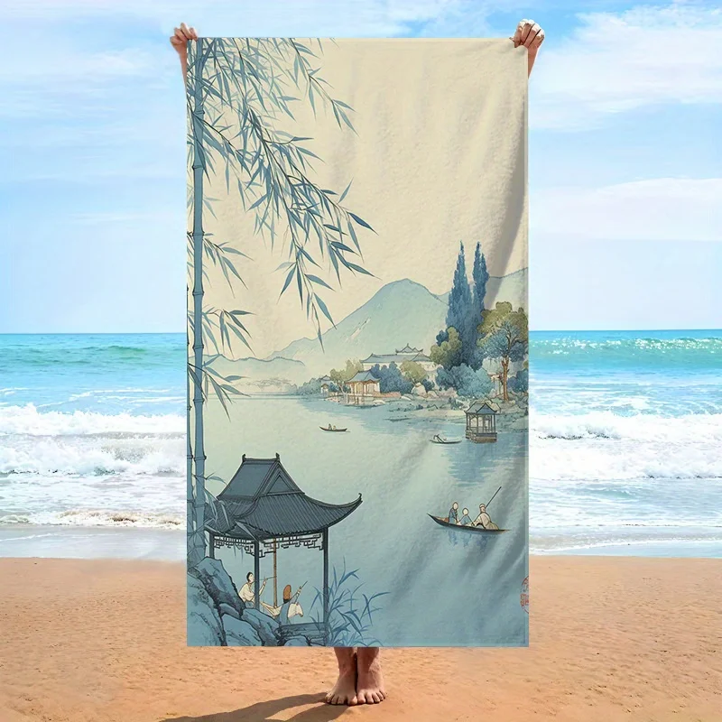 A Traditional Chinese Landscape Art Beach Towel - Featuring a Serene Riverside Pavilion And Boat Design,This Soft Oversized Bath