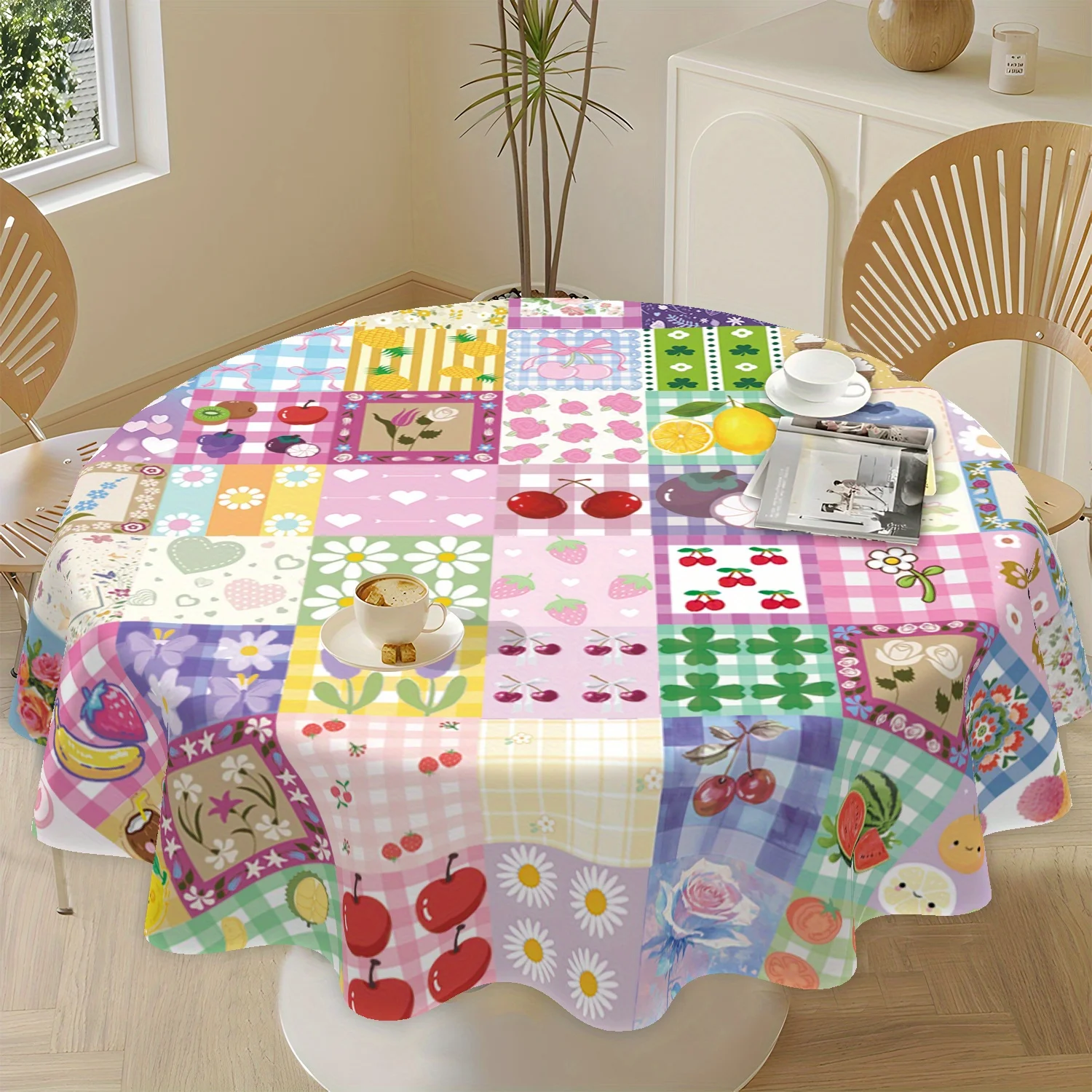1 piece summer flower fruit puzzle pattern tablecloth polyester machine washable for dining table kitchen picnic party