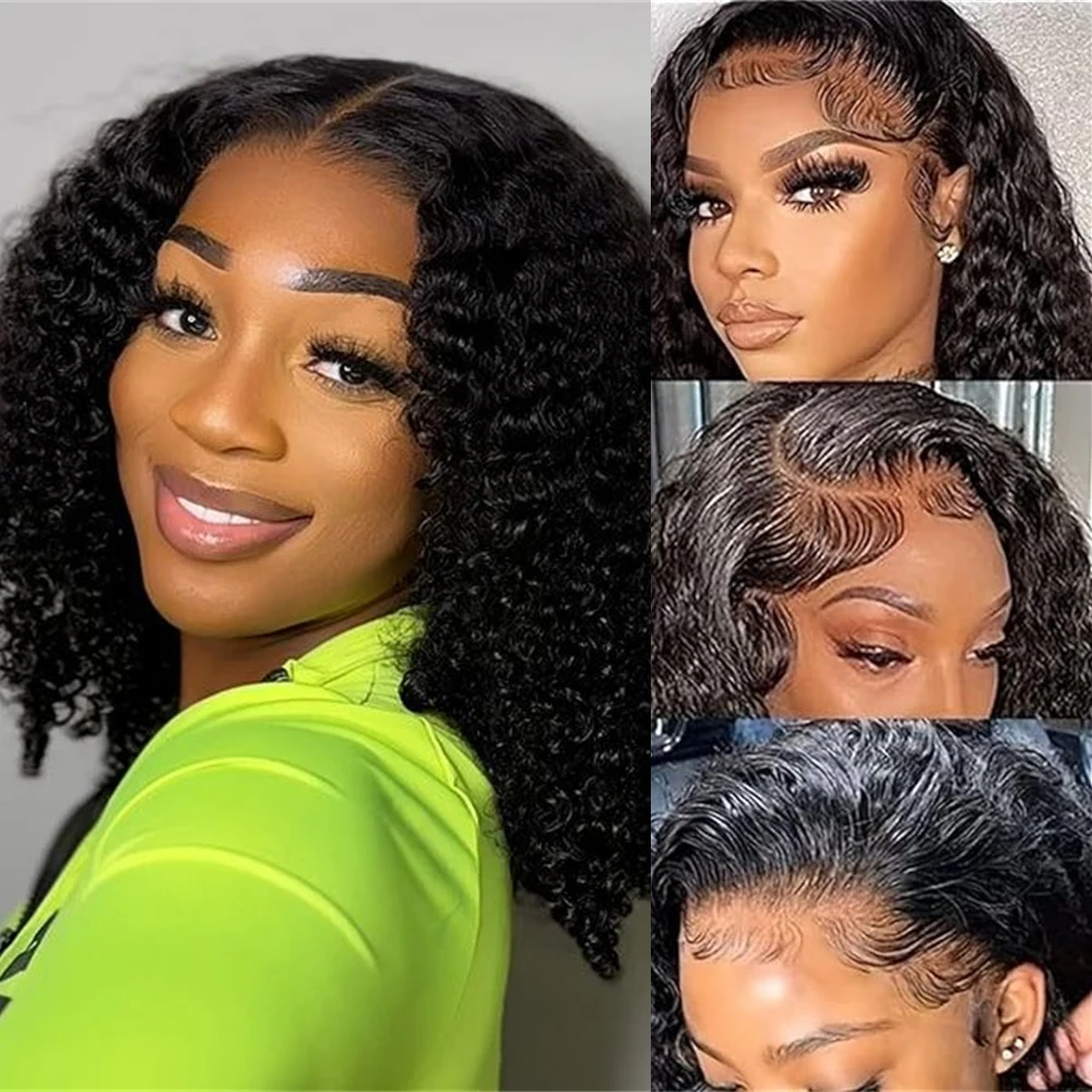 Kinky Curly Lace Front Perucas de Cabelo Humano, Curly Bob Perucas, Cor Natural, Transparente Lace Wigs, Brasileiro, Real, 13x4