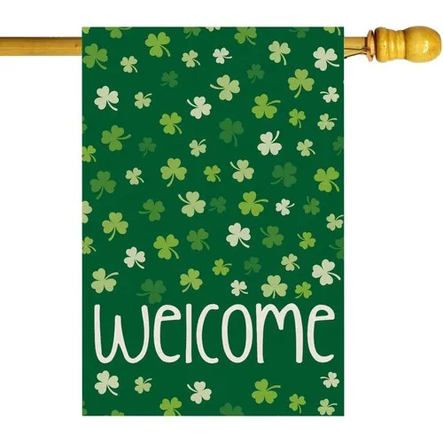 Welcome St. Patrick's Day Green Shamrocks Clovers House Flag Large Burlap 28X... AAV hhz