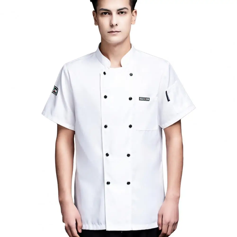 Unisex Chef Shirt Kitchen Short Sleeve Stand Collar Soft Chest Pocket Stain-resistant Loose Kitchen Top Cook Uniform