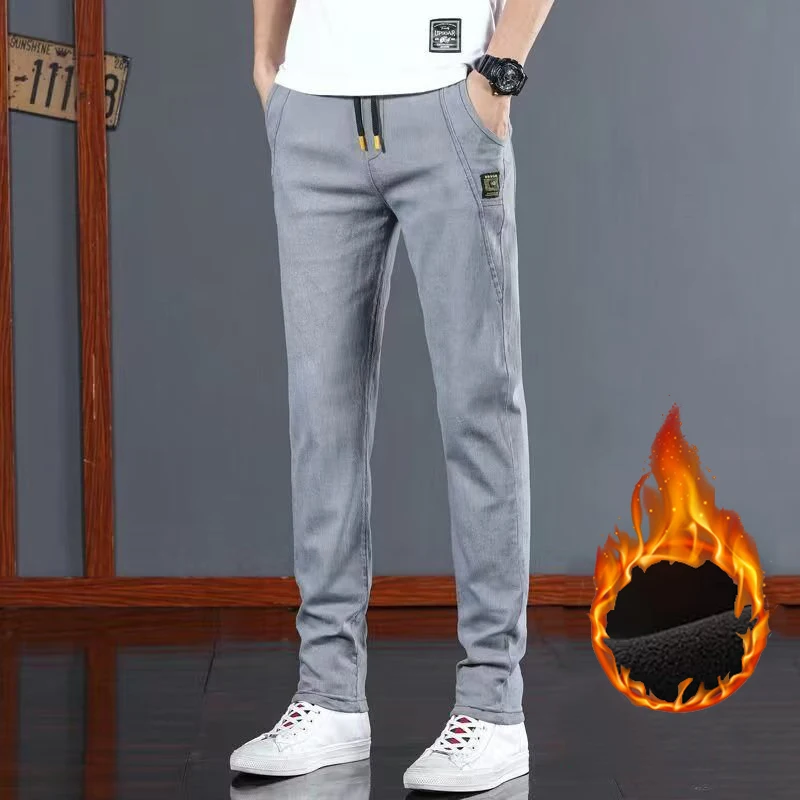 Men\'s Comfortable Business Casual Denim Pants Basic Plush Thermal Straight Leg Trousers Elastic Waist Lace Up Thicken Jeans Male