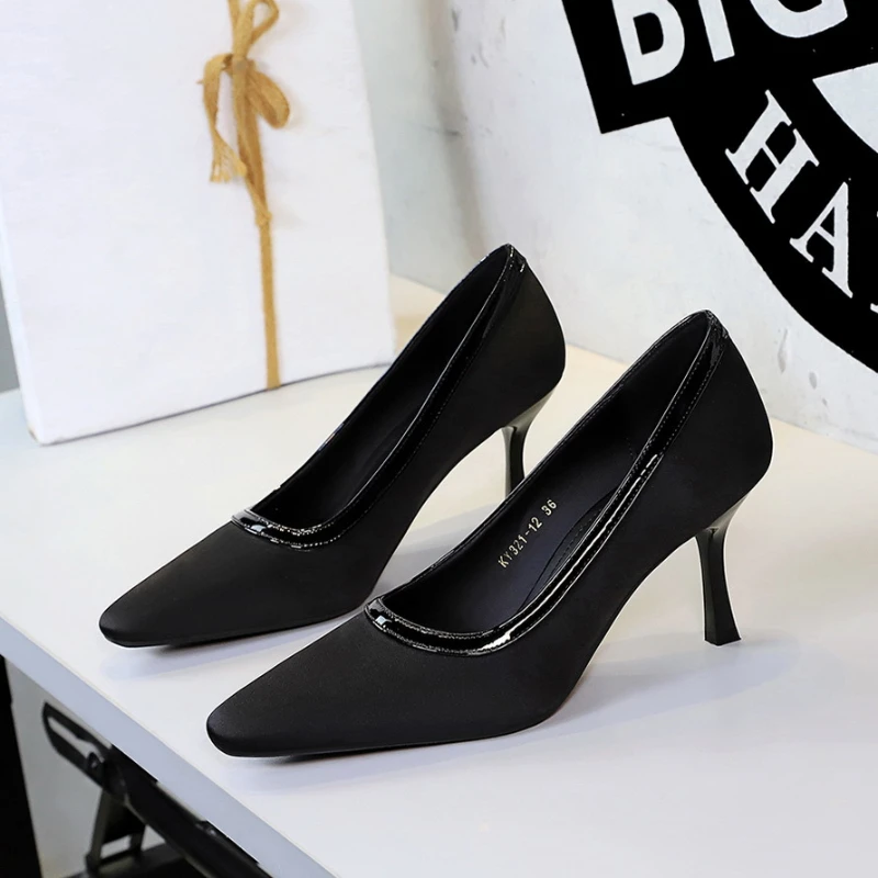 

Womens Black Satin Pointed Toe High Heel Pumps With Patent Trim Elegant Stiletto Heels For Office Work Wedding Formal Occasions
