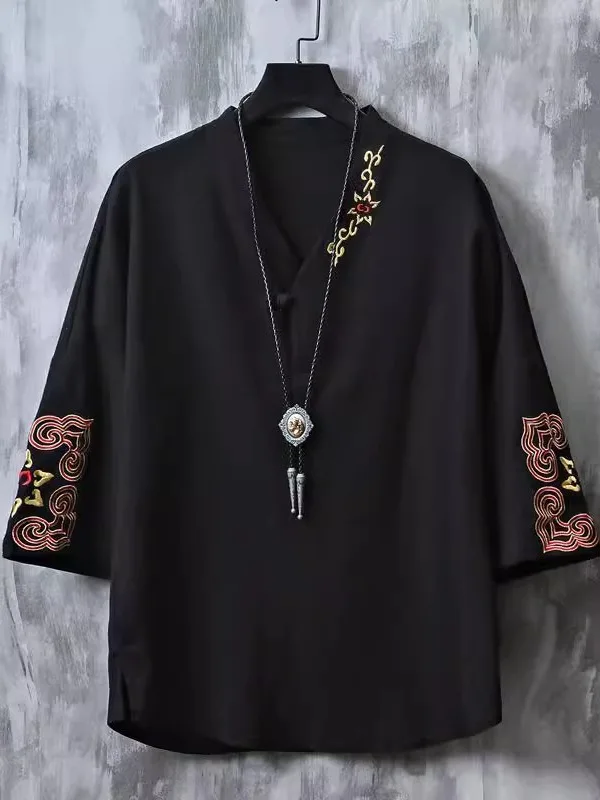 

Extra Large 300 Pou New Chinese Sle Cotton Linen Seven f Sve Men's irt V-ne ort Sve Hanfu Breathable Summ...