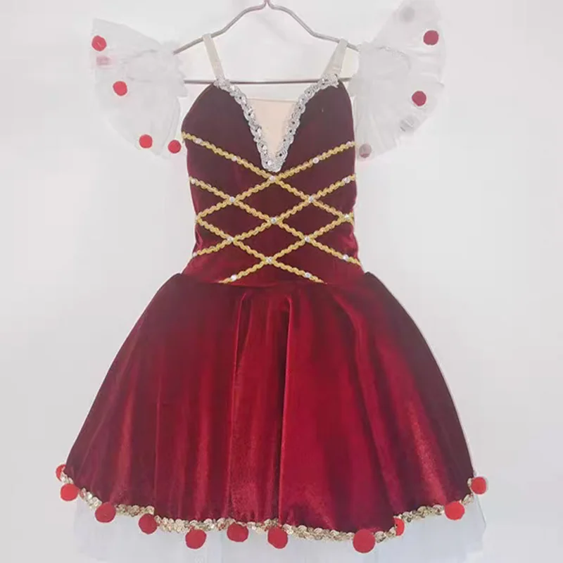 Saia de balé para meninas, roupa de performance cereja, saia inchada, vinho, veludo vermelho, saia de princesa, vestido de aniversário infantil