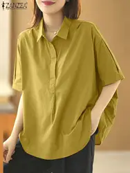 ZANZEA Summer Women Casual Baggy Blouse Fashion Lapel Neck Short Sleeve Solid Shirt Female Elegant OL Work Tops Buttons Blusas