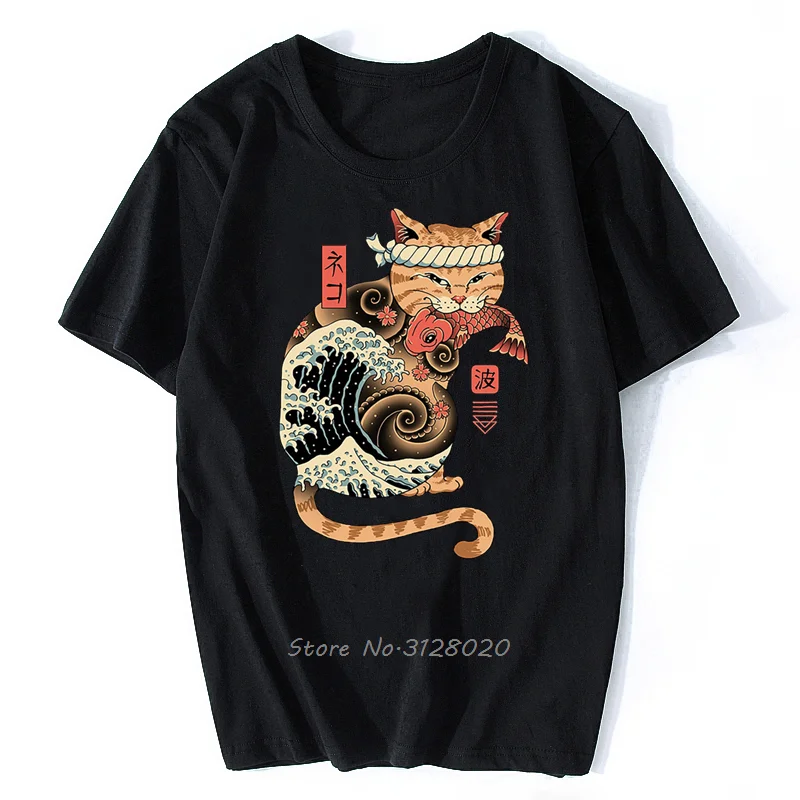 Anime Samurai Cat T Shirt Men Japanese Ukiyo-E Ninja Cat Print T-Shirt Mens Casual Tshirt Male Fashion Streetwear Harajuku Tees