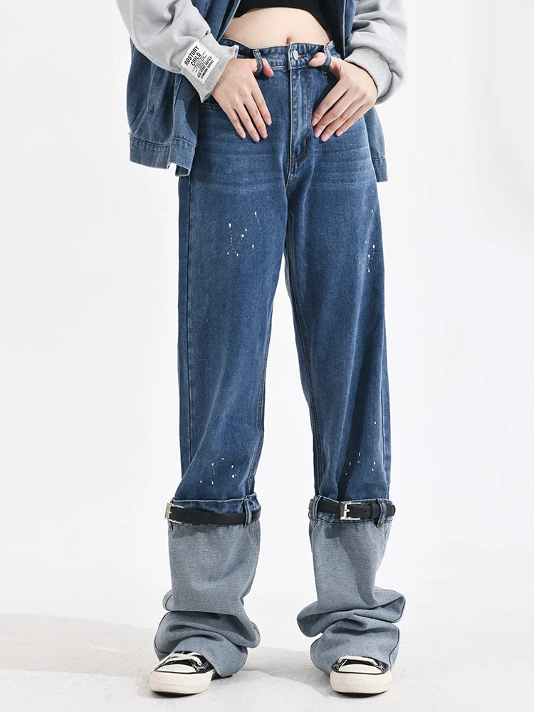 

Американские джинсы-стритстайл с эффектом двухслойности, прямые, с поясом и дизайнерскими вставками, удлиненные брюки для женщин