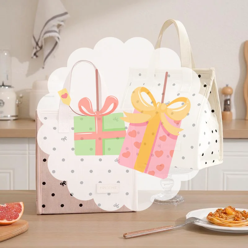 Reusable Portable Insulated Lunch Bag Top Handle Minimalist Style Lunch Tote Bag Polka Dot Thermal Lunch Box