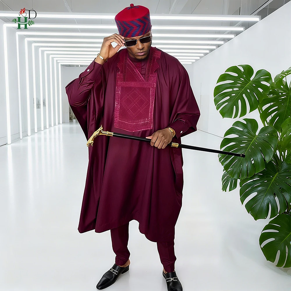 

H & D африканский мужской традиционный комплект из 3 предметов, бордовый халат с вышивкой Agbada, большие размеры для свадеб, фестивалей, церемоний