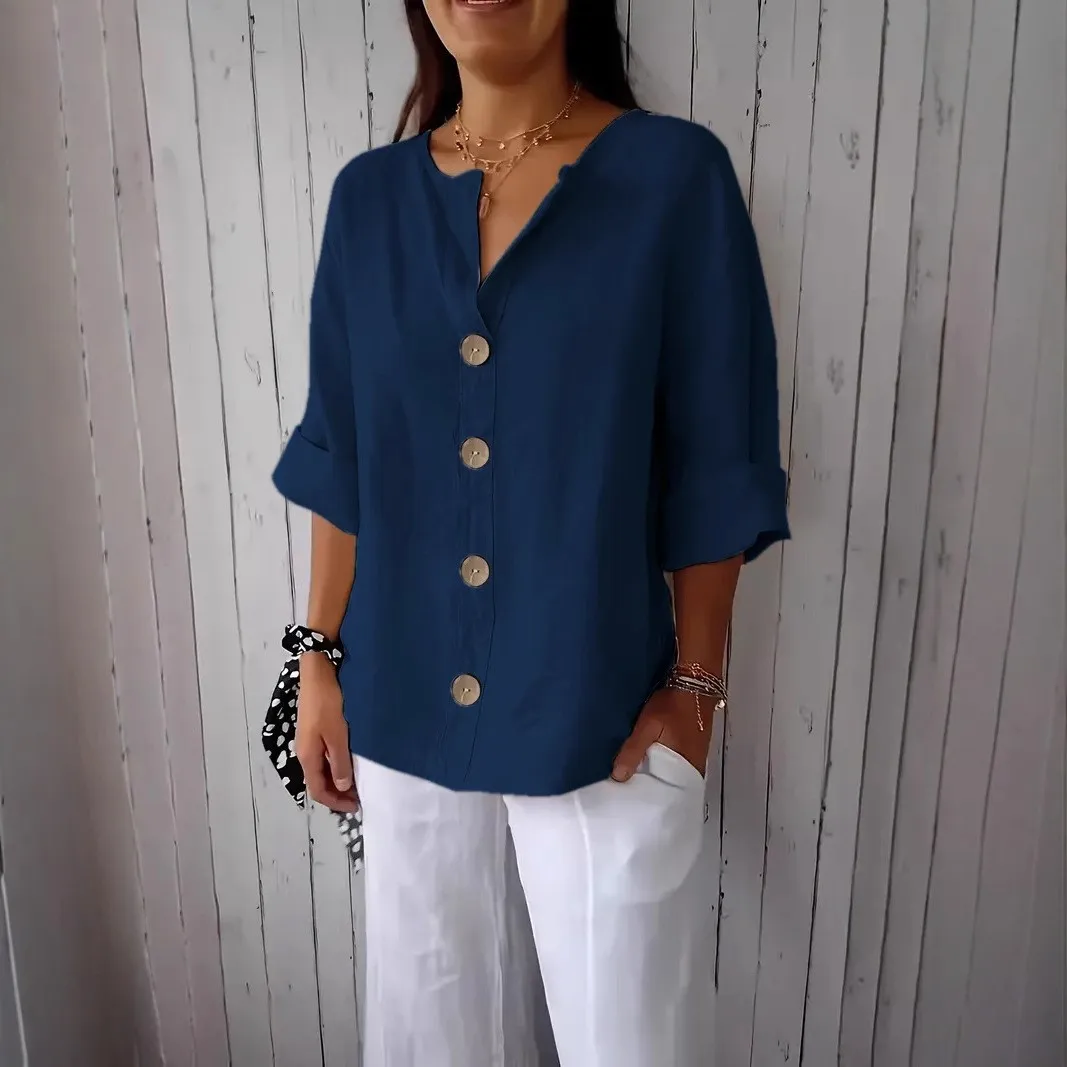 Los katoenen linnen dames T-shirt zomer nieuwe Sle casual V-ne button-up top comfortabel ademend zeven Sve-lengte
