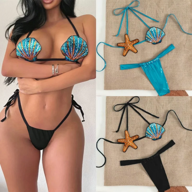 

Sexy Backless Halter Bikini 2 Piece Set Woman Swimwear Swimsuit Women BathingSuit 2025 Shell Swimming Suit