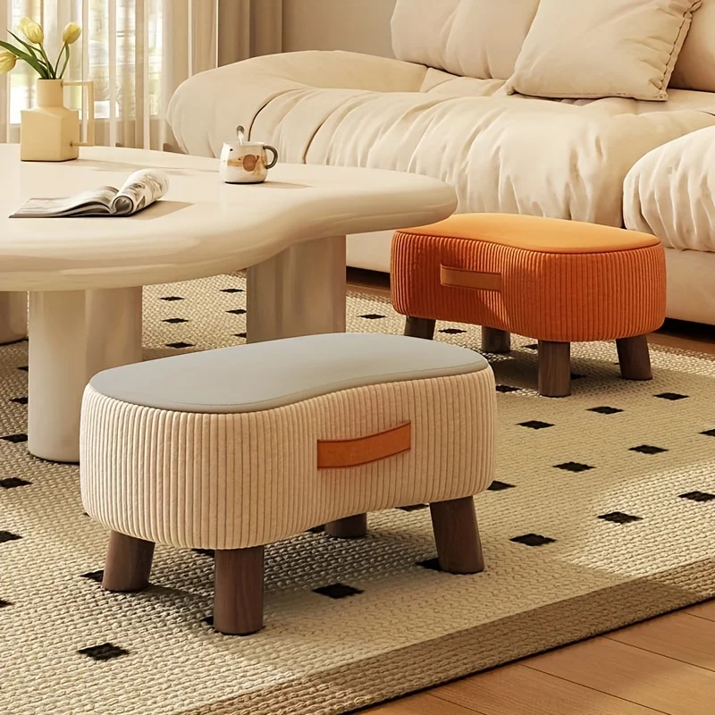 Chic White & Orange Polyester-Covered Wooden Footstool - Versatile Shoe Changing Stool for Living Room, Bedroom