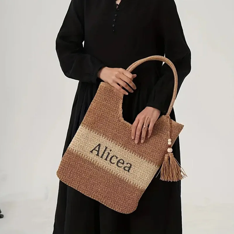 

Personalized Name Beach Bags Contrast Color with Tassels Straw Woven Bag Custom Names LOGO Handmade Casual Seaside Holiday