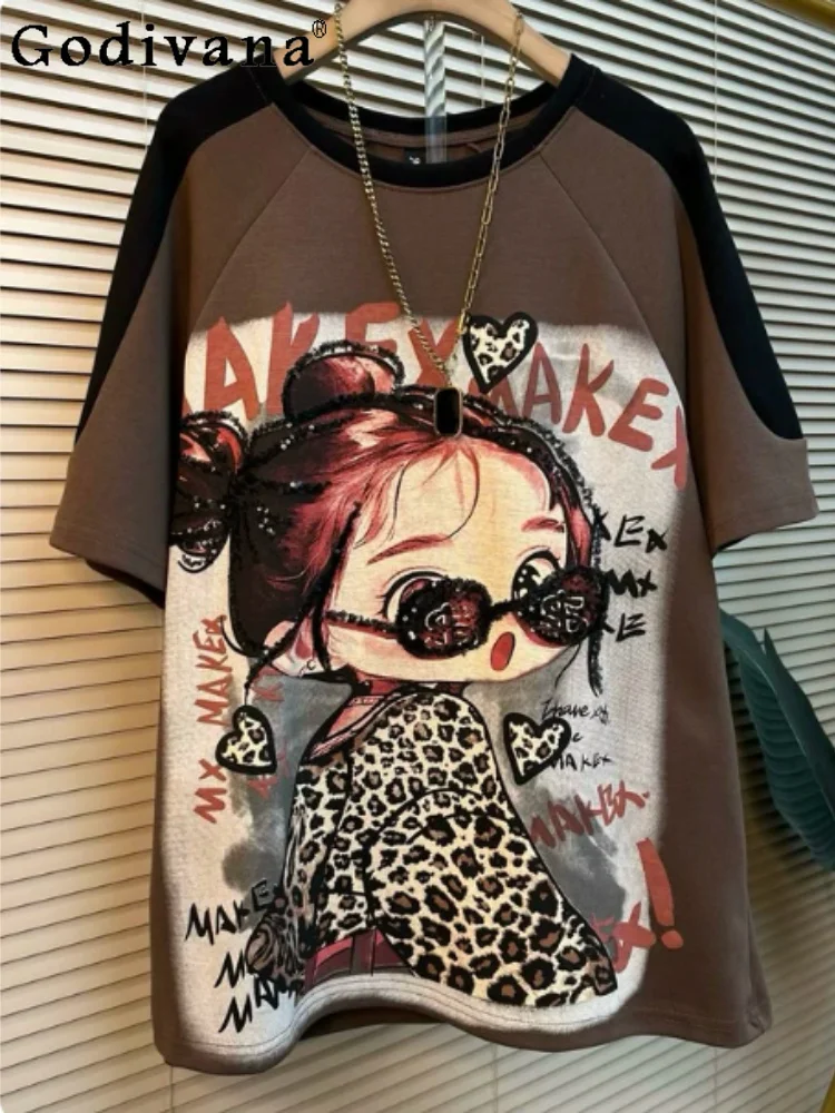 

Large Size Women Summer New Sweet Print Short Sleeve T-shirt Loose Simple Versatile Age-reducing Fashion Red Crew Neck Top