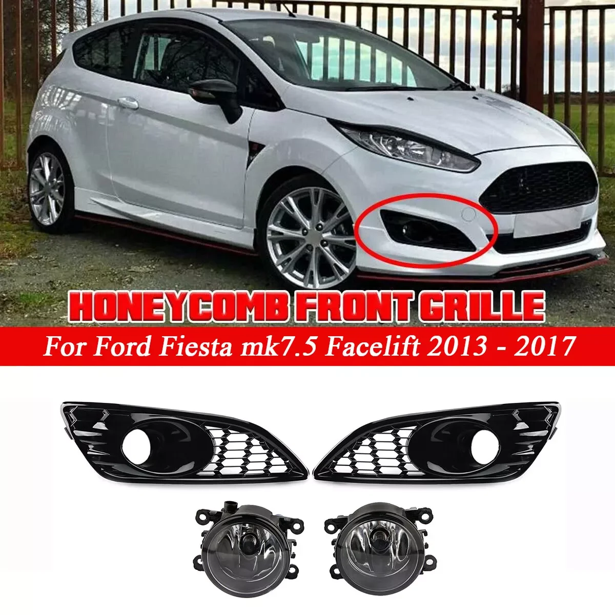 Honeycomb Gloss Black Car Front Bumper Fog Lamp Lower Grille Grill Cover + Fog Light Set For Ford Fiesta MK7 Zetec S 2012-2017