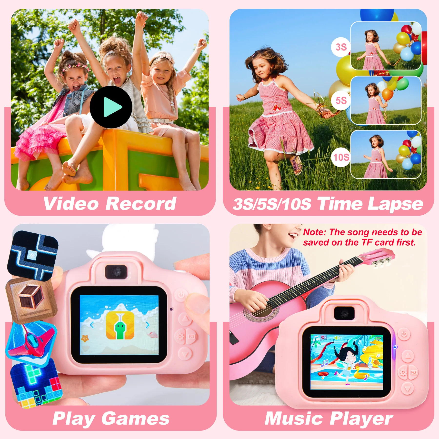 Atualize câmera selfie infantil, câmera filmadora de vídeo infantil HD com capa macia de desenho animado, presentes ideais para festival com cartão SD de 32 GB