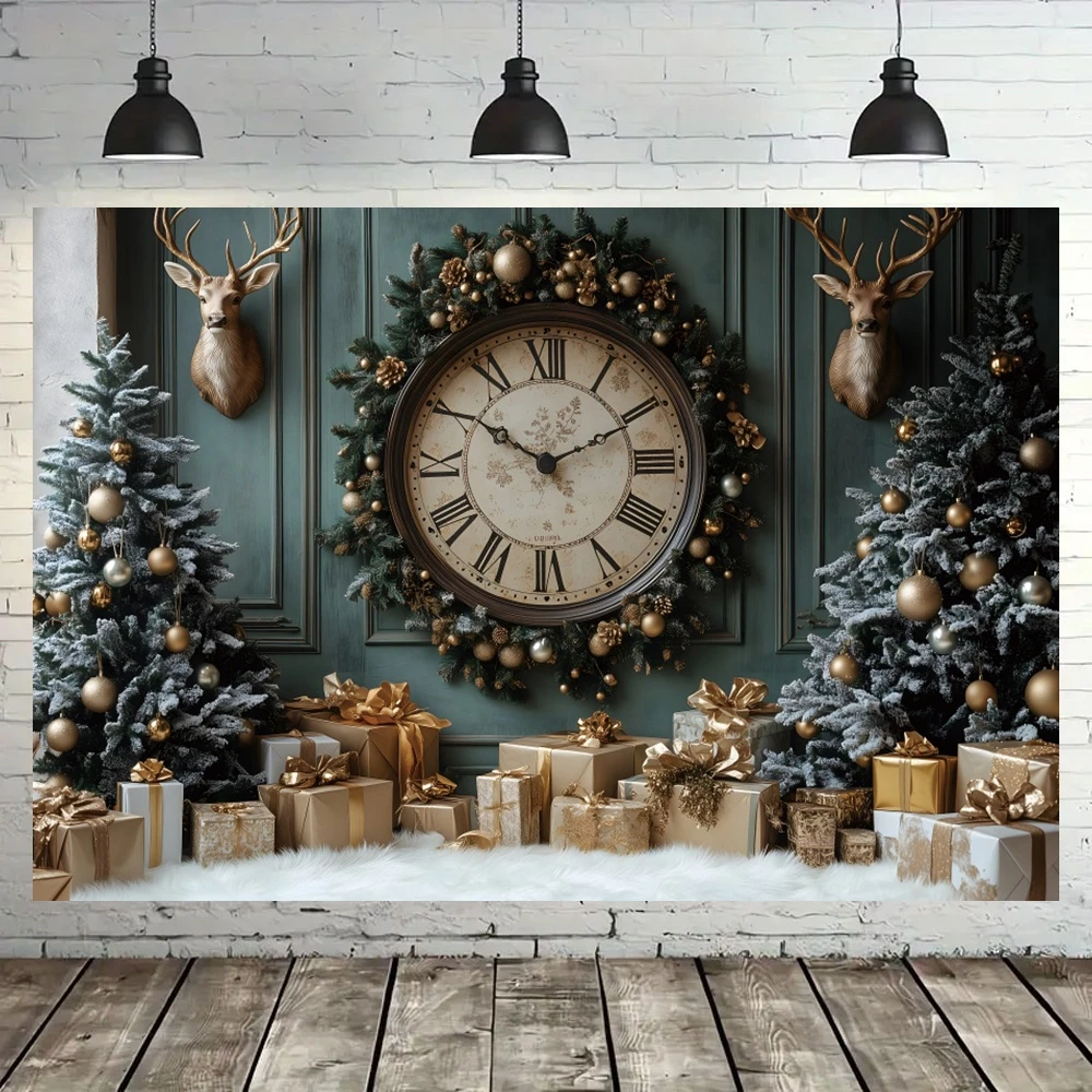 Yeele Photography Backdrop Christmas Vintage European Style Big Clock Xmas Tree Gifts Family Party Holiday Decor Banner Props