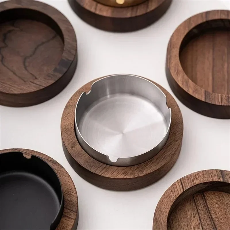 Walnut Wood Windproof Ashtray With Lid And Stainless Steel Liner Creative Smoking Accessory Decor Gift For Indoor Outdoor Home