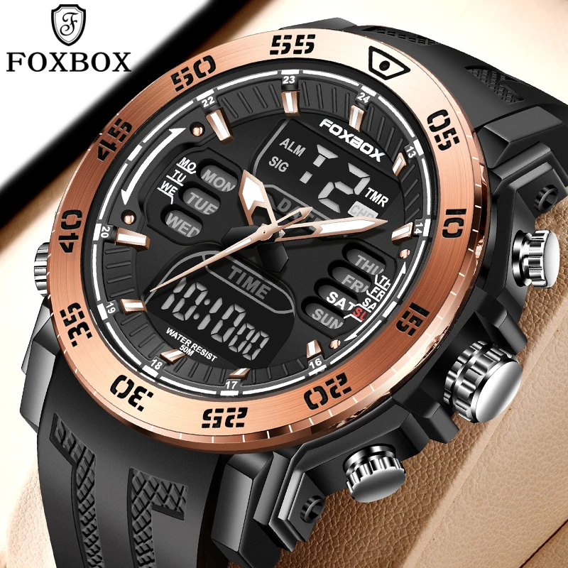 FOXBOX Fashion Military Mens Quartz Watch Luxury LED Dual Display Business Men Watches Waterproof Date Chronograph Digital Clock