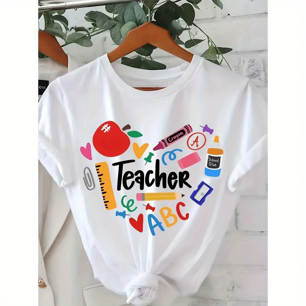 

Plus Size Vibrant Teacher Print Short Sleeve Crew Neck T-Shirt- Comfortable, Breathable, Casual Top For Summer& Spring- Women'S