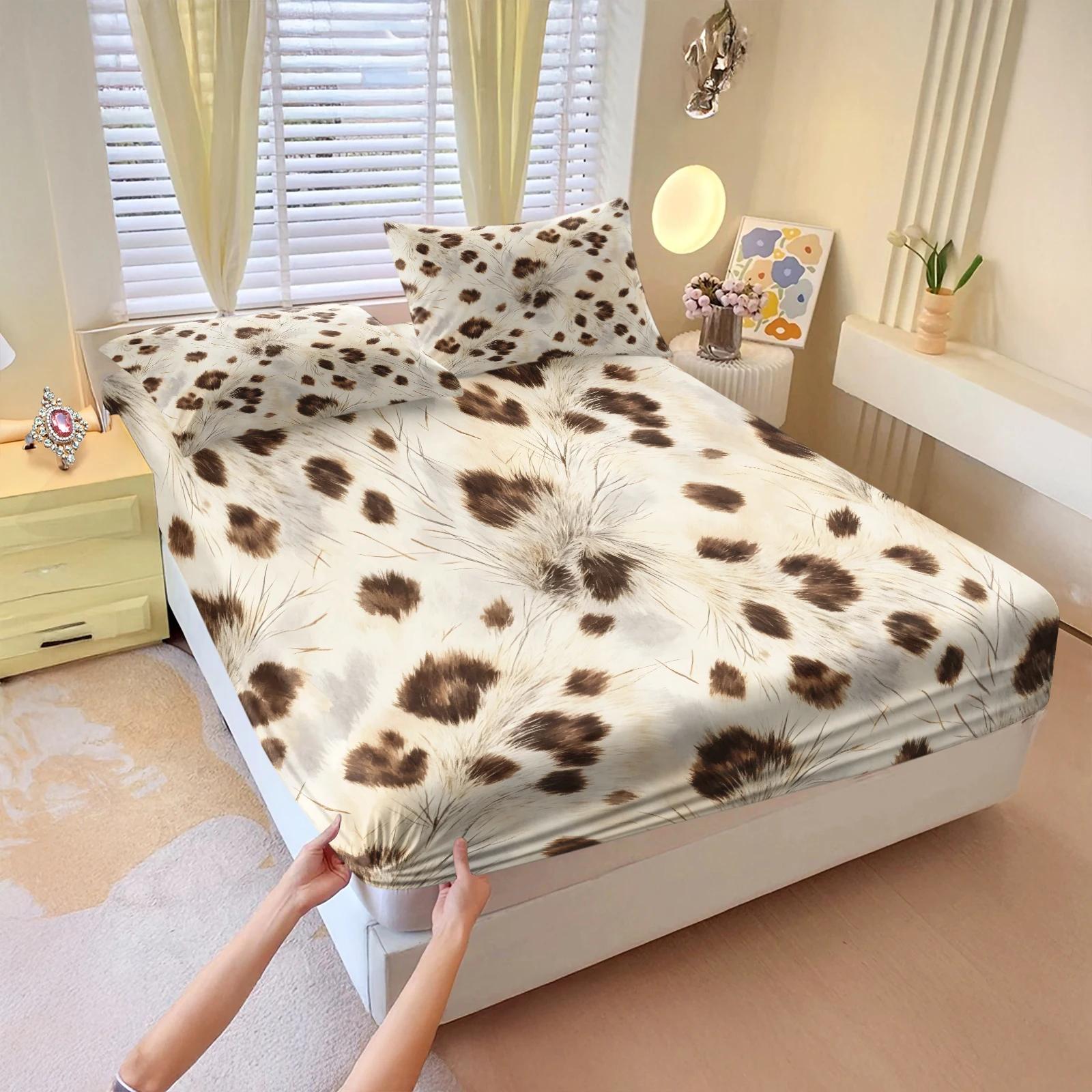 Vintage Watercolor Cow Hide Fitted Bed Sheet Set Brown Cream Spotted Animal Print Deep Pocket Elastic Mattress Protector Cover