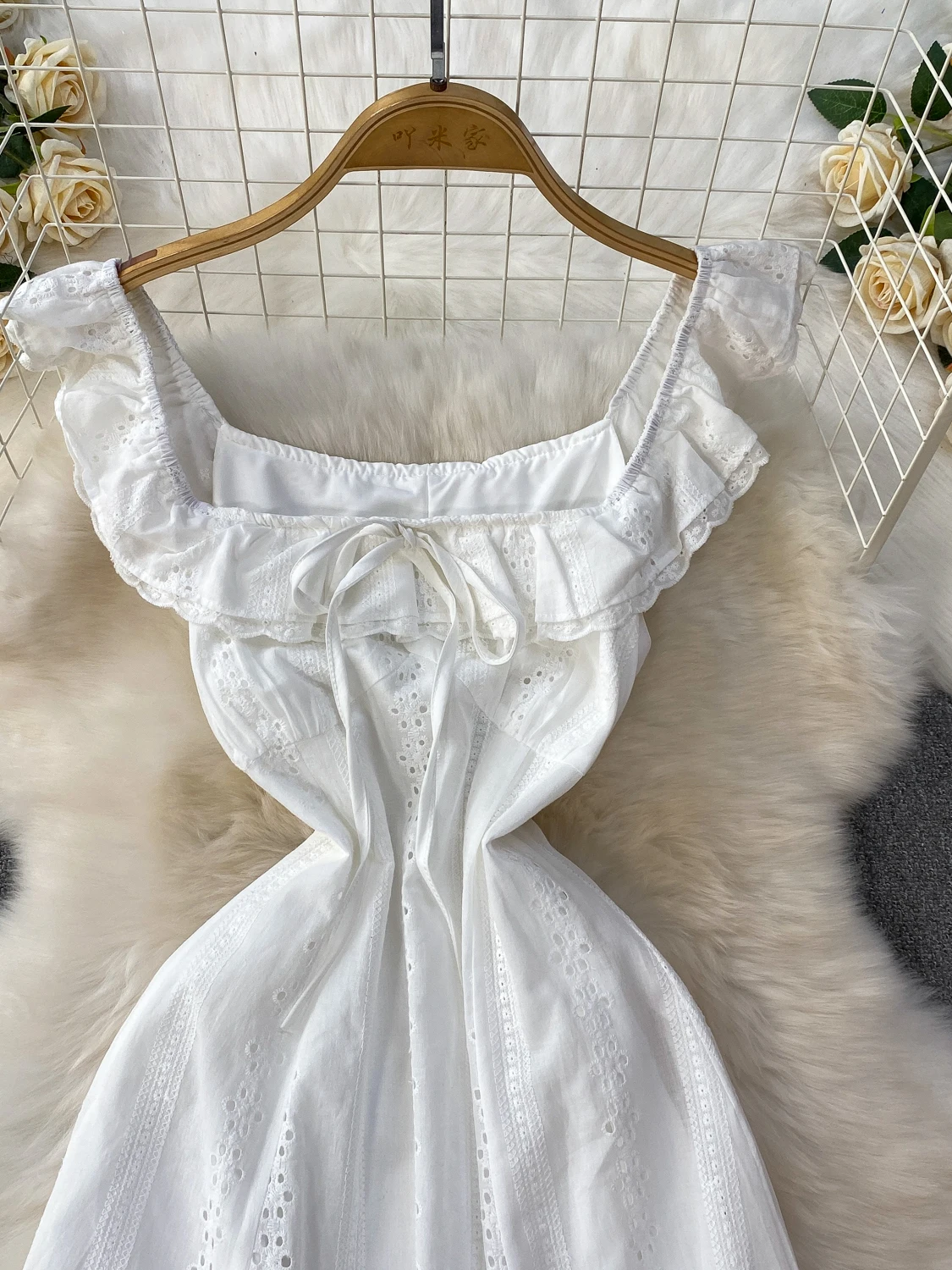 White Summer Fairy T Long Dr High Waist Hollow out Hook Embroidery Square Collar Women's Dr A-Line Silhouette Maxi D...