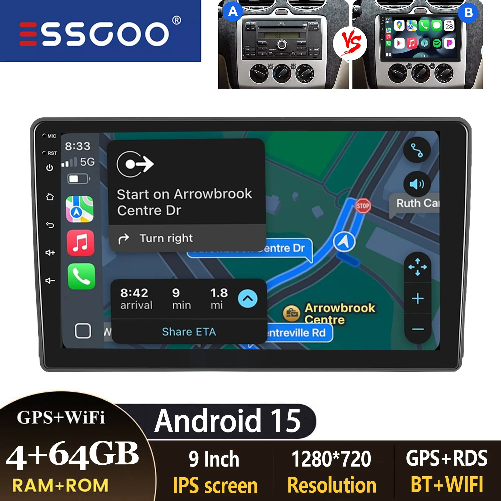 ESSGOO 9 inch autoradio voor Ford Focus MK2 Transit MK7 C-Max S-Max Kuga Galaxy Connect met Carplay, Android Auto, GPS, BT, FM, RDS en SWC