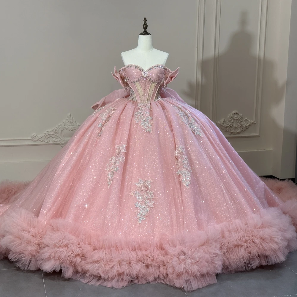 Pink Quinceanera Dress Crystal Rhinestone Off The Shoulder Ball Gown Sweet Vestidos De 15 Quinceañera