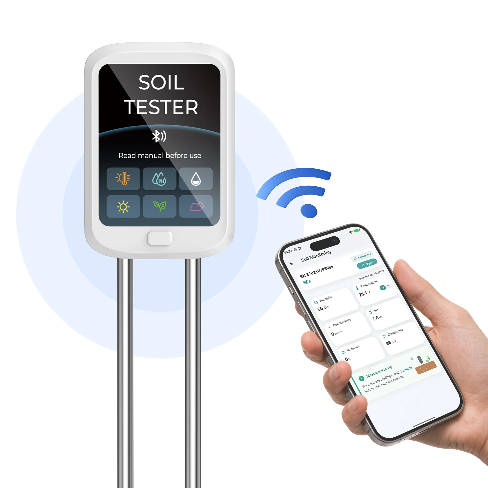 6 in 1 Soil Tester with APP for Plants  - Conductivity Test Kit for Farm And Garden - Essential Tool for Healthy Planting