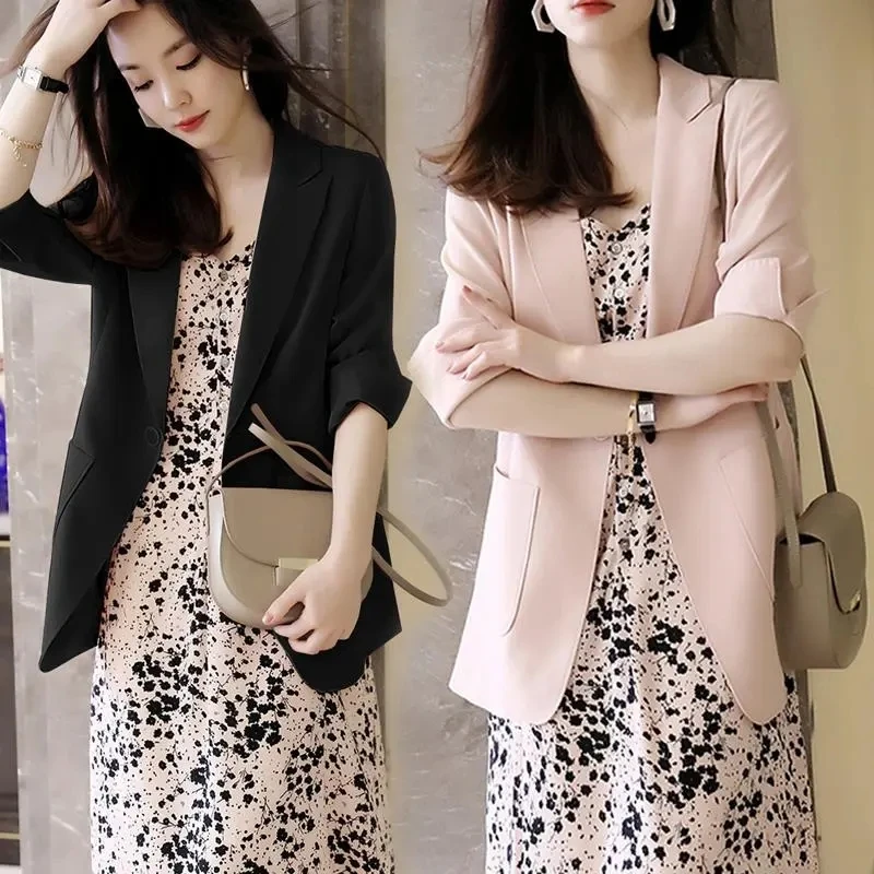 Lose Dünne frauen Anzug Mode Solide Halb Hülse Rosa Blazer Mantel + Chiffon Floral Schlinge Kleid 2 Stück Set blazer Frauen