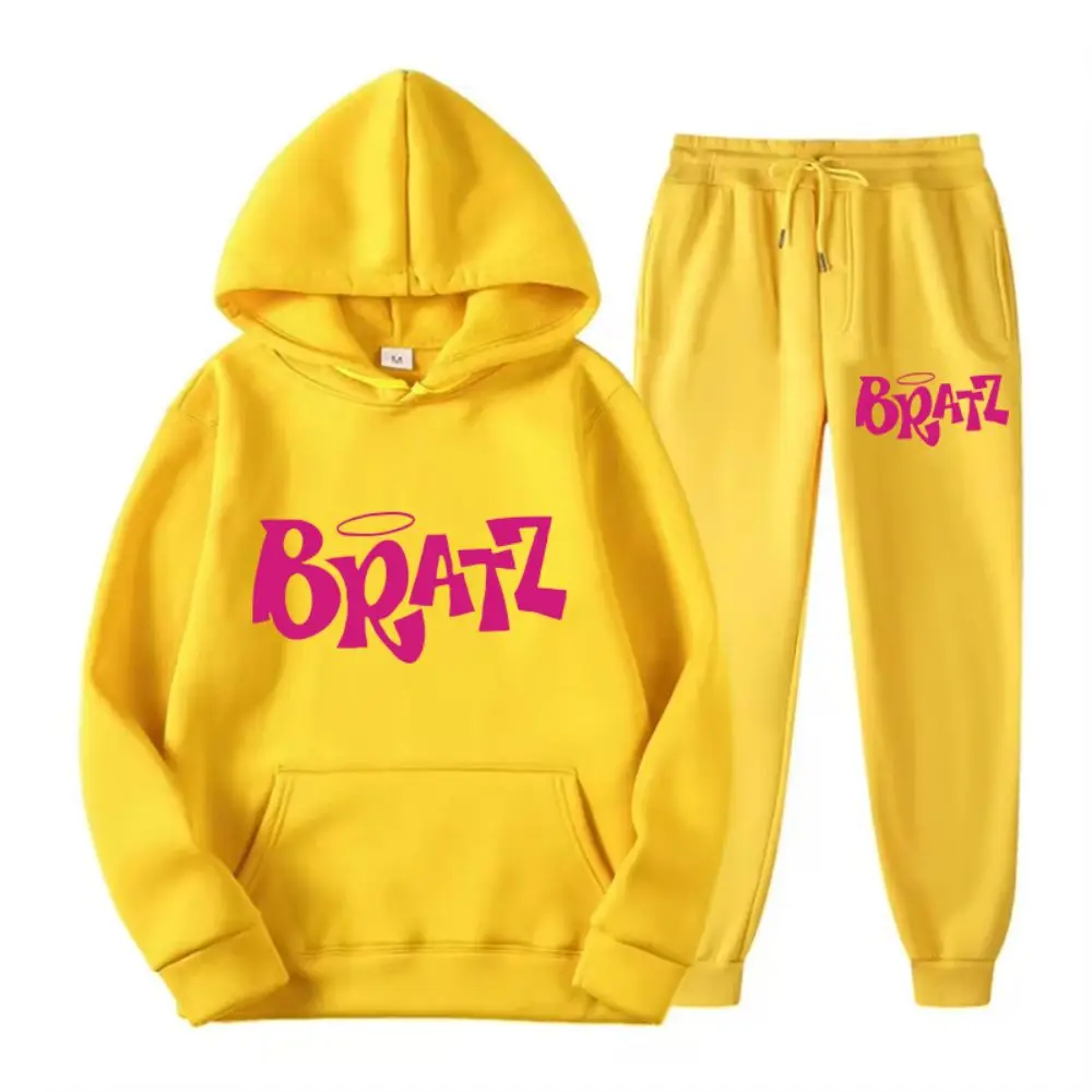 Two Piece Set Autumn Woman Hoodie & Pants Warm Comfortable Fleece Pullover Y2K Pink Bratz Letter Print Sportswear Street Clothes