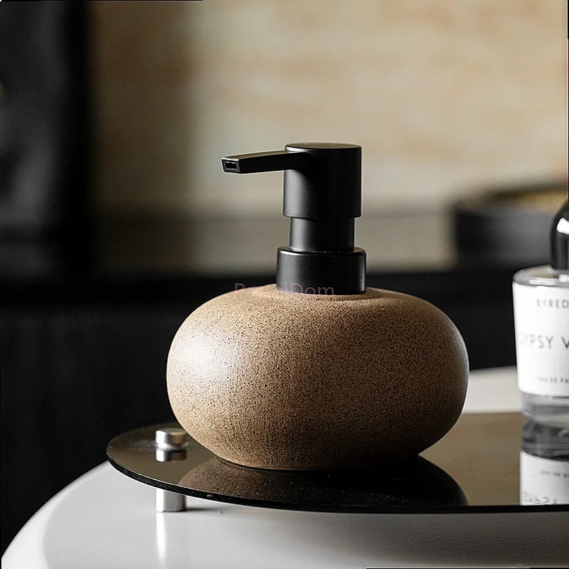 Rough Pottery Pump Soap Dispenser, Wabi-Sabi Style Refillable Bottle for Hotel Shampoo Body Wash, Bathroom Decor Container