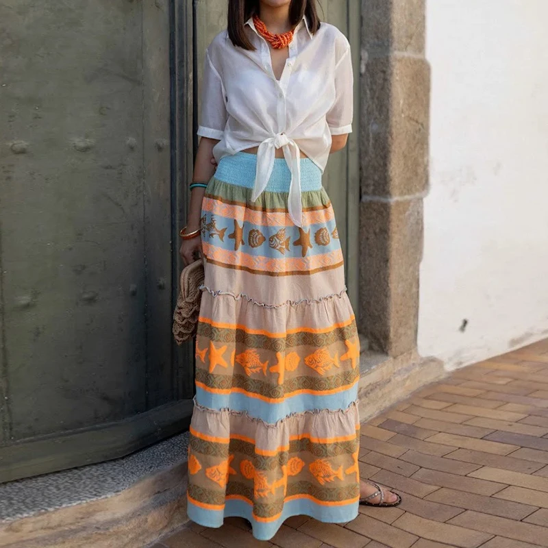 Fashion Streetwear Pleated Holiday Long Skirt Bohemian Beach Loose A Line Skirt Colorful Printed High Waisted Casual Woman Skirt