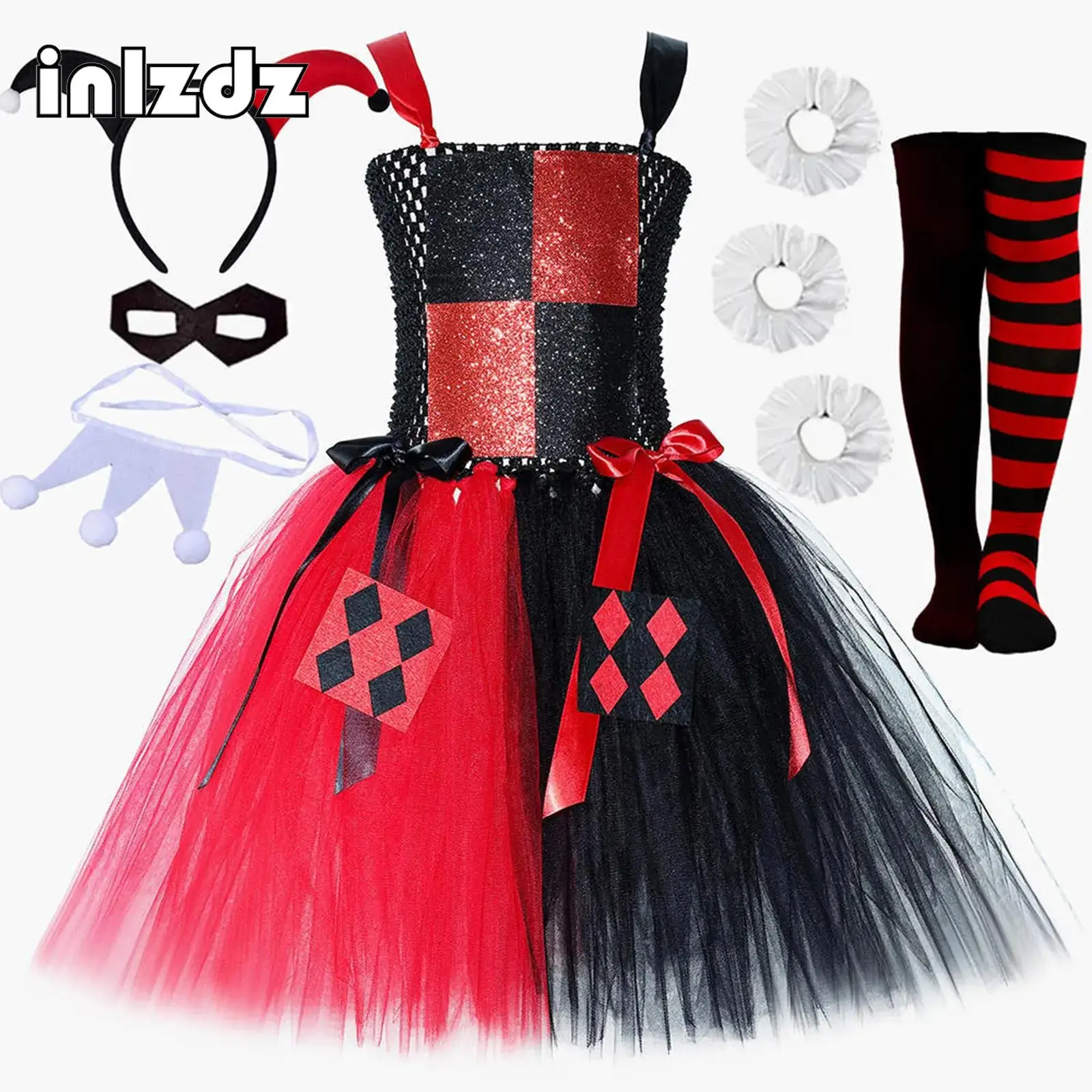 

Kid Girl 6Pcs Clown Cosplay Costume Set Adjustable Straps Stretchy Puffy Dress with Accessories Set for Halloween Dress-up Party