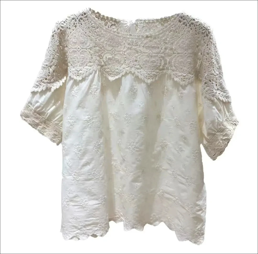 

2025 Summer Comfortable Casual Women's Tops Round Neck Ladies Clothes Embroidered Hollow Women's Shirt Fashion Loose Short Sleev