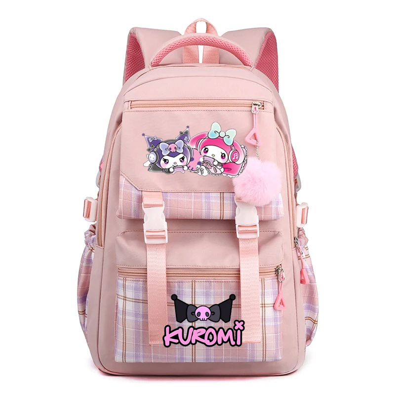 Purple Kuromi Backpack Cute Plaid School Bags For Student Teens Girls Pockets Women Laptop Backpack Harajuku