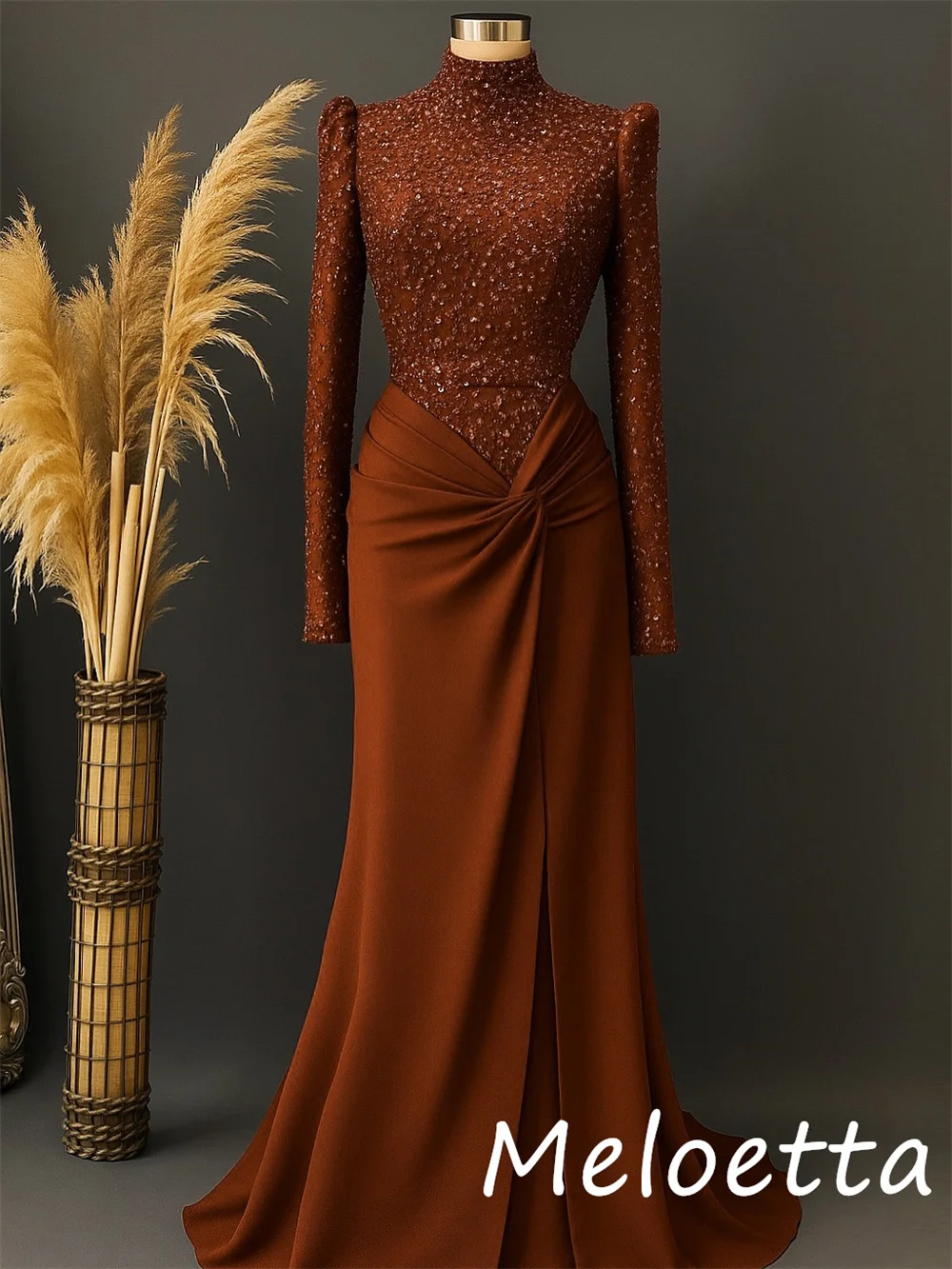 Customized Classic Exquisite Jersey Sequined Pleat A-line High Collar Long Dresses Bespoke Occasion Retro