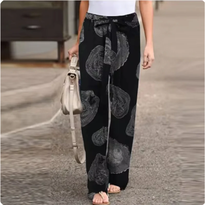 Women\'s Vintage Casual Printed Art Pants Pocket Strap Straight Leg Loose Comfortable Pants