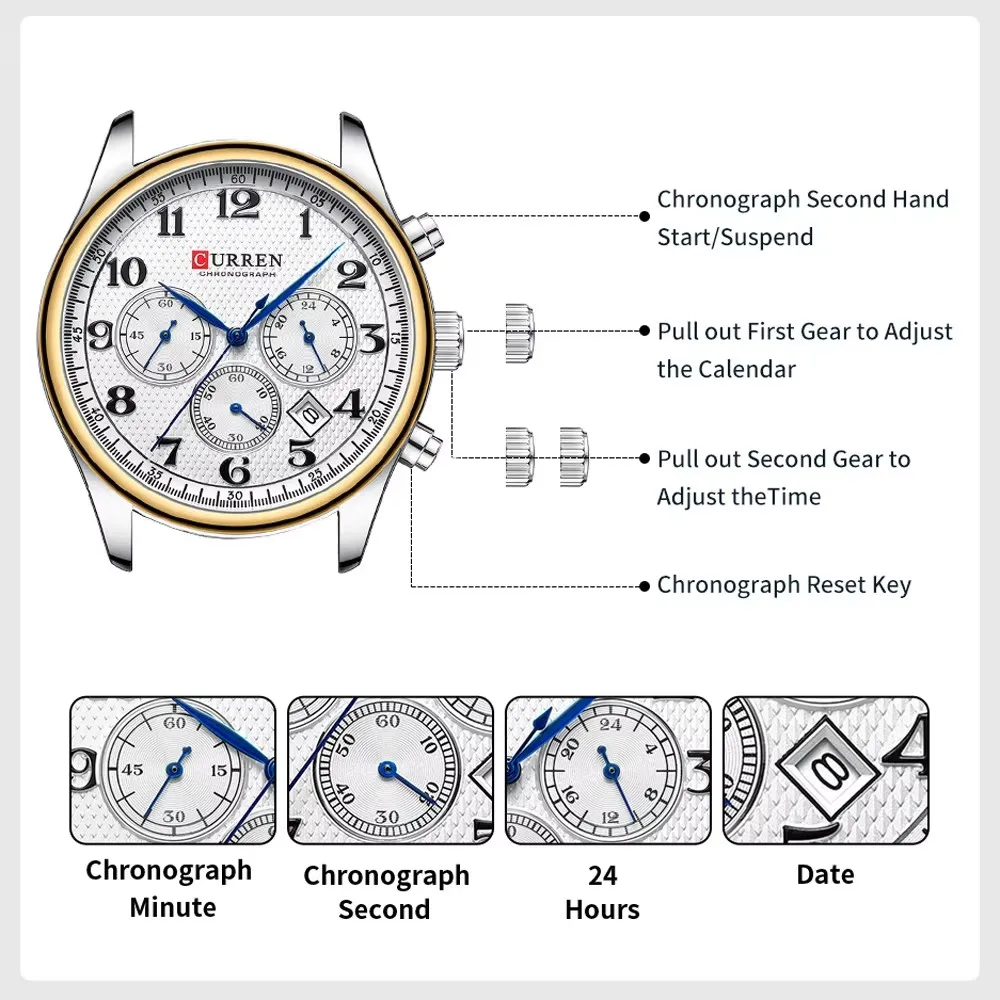 CURREN 8466 Quartz Watches Men Chronograph Calendar Luminous Waterproof Luxury Men Casual Business Wristwatch reloj hombre