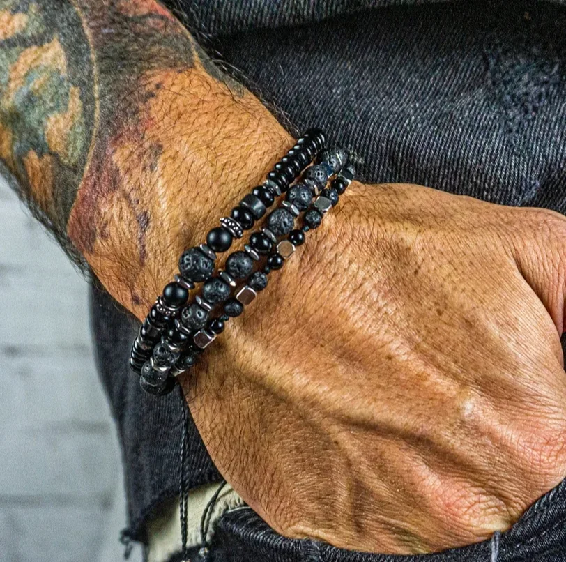 Mens Lava Stone Beaded Black Gemstone And Stainless Steel Waterproof Bracelet